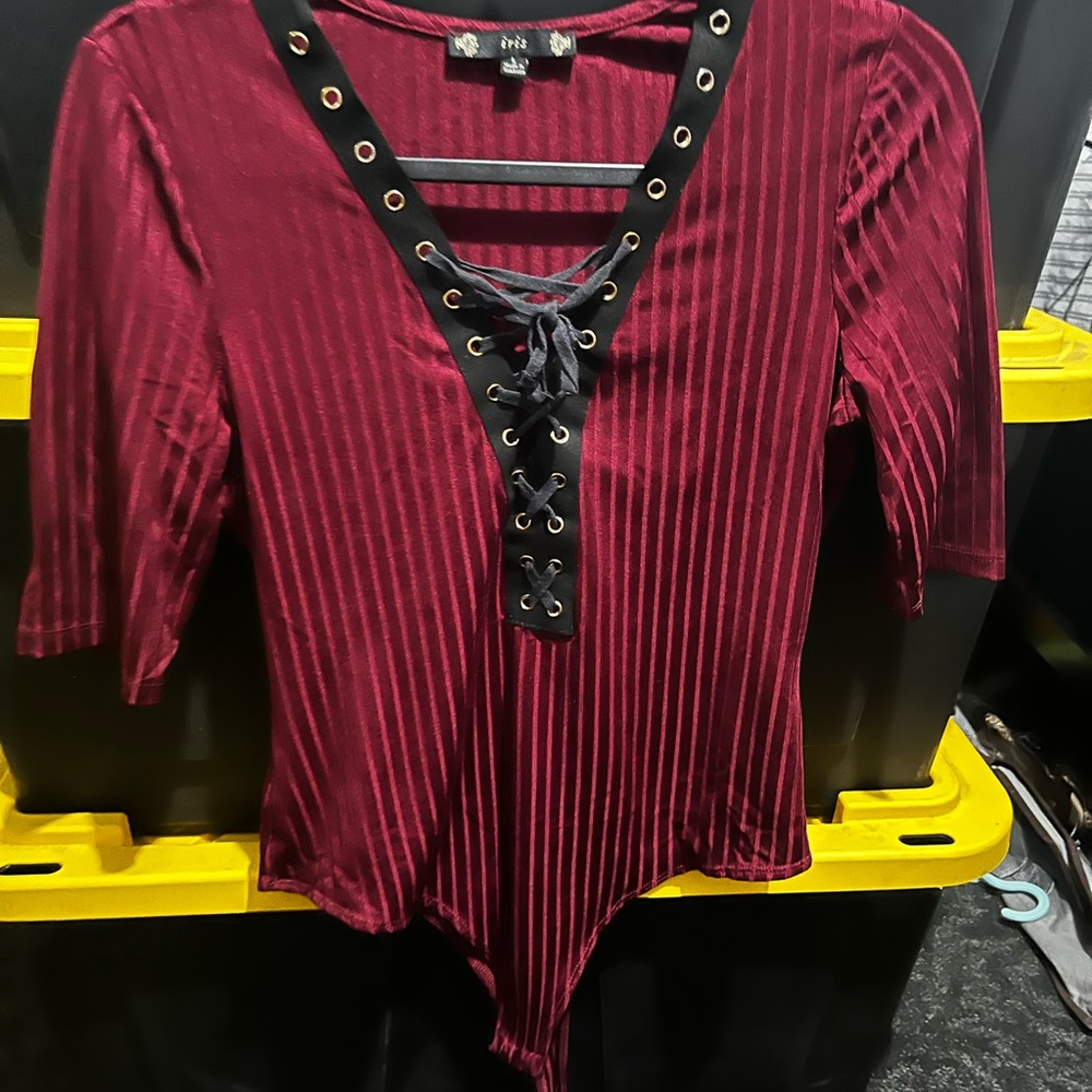 Women's Burgundy Lace-Up Ribbed Top